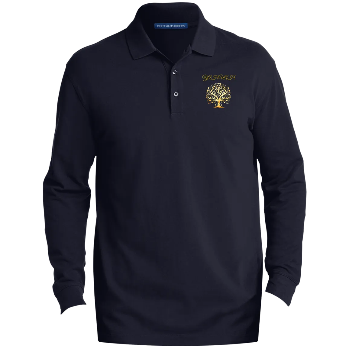 Yahuah-Tree of Life 01 Men's Designer EZCotton Long Sleeve Three Button Polo Shirt (Black/Navy Blue)