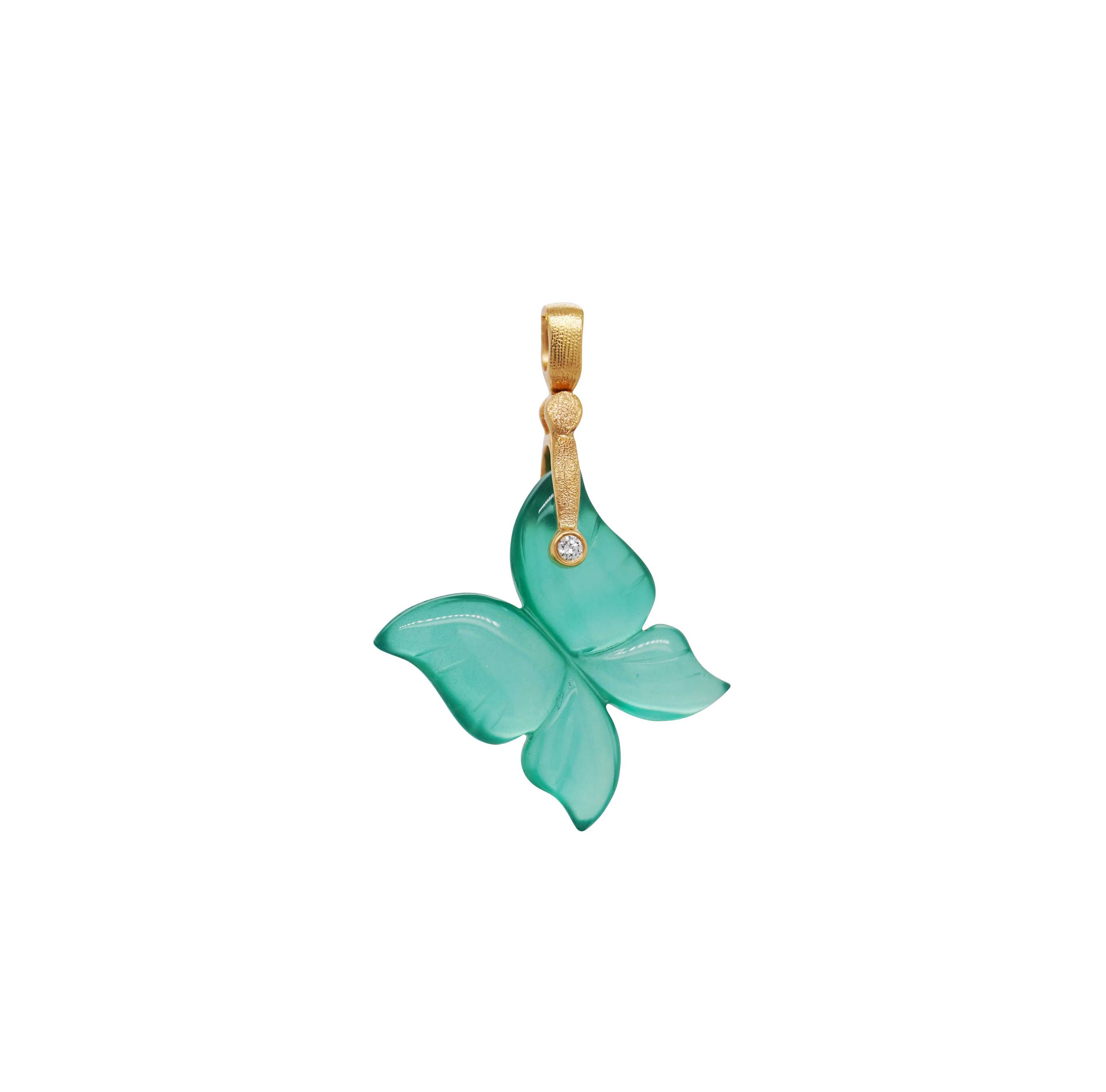 Yellow Gold and Carved Green Agate Triplet Butterfly Pendant