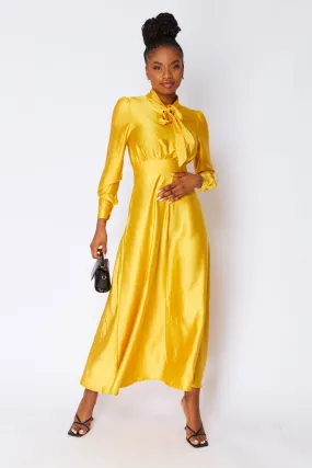 Yellow Satin Maxi Dress With Neck Tie