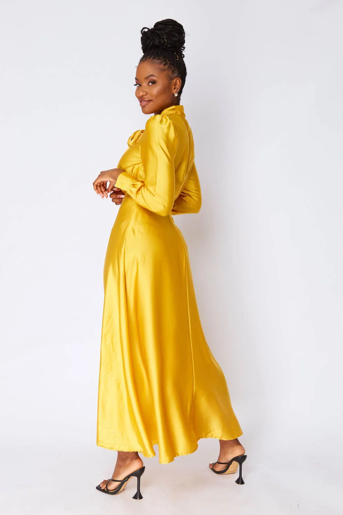 Yellow Satin Maxi Dress With Neck Tie