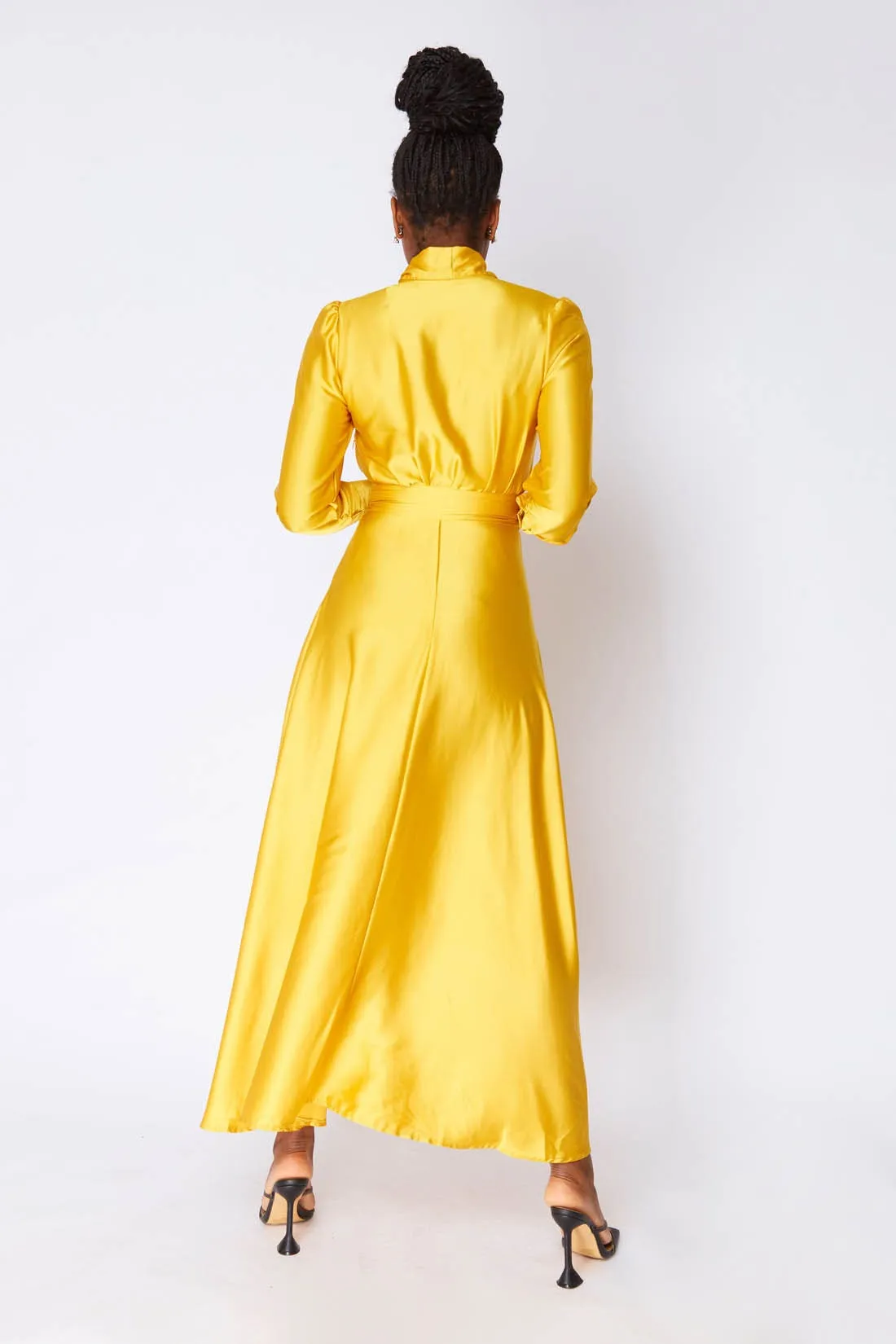 Yellow Satin Maxi Dress With Neck Tie